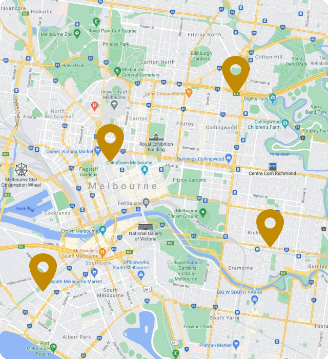 A map graphic displaying several location pins in gold, indicating points of interest or destinations.